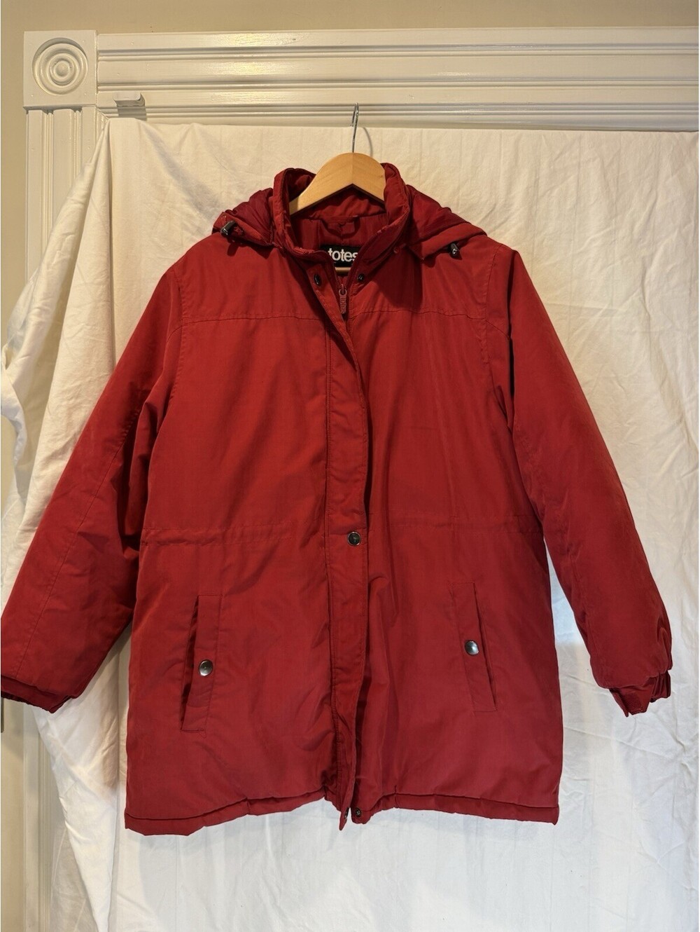 VINTAGE Totes Red All Weather Jacket Parka Fully Lined Removable Hood Sz L USA